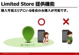 Limited Store 提供機能
購入可能エリアにいる場合のみ購入が可能です。

○
購入可能エリア

【Confidential】Copyright (C) CREATIVEHOPE,Inc. All Rights Reserved.

7

 