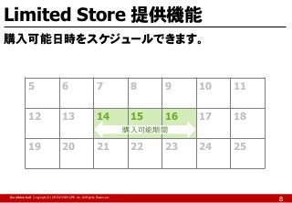 Limited Store 提供機能
購入可能日時をスケジュールできます。

5

6

7

8

9

10

11

12

13

14

15

16

17

18

24

25

購入可能期間

19

20

21

【Confidential】Copyright (C) CREATIVEHOPE,Inc. All Rights Reserved.

22

23

8

 