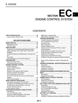 ENGINE CONTROL SYSTEM

B ENGINE

SECTION

EC

ENGINE CONTROL SYSTEM

A

EC

C

D

CONTENTS
APPLICATION NOTICE ........................................... 18
.
How to Check Vehicle Type .................................. 18
.

QG (WITH EURO-OBD)
INDEX FOR DTC ..................................................... 19
.
Alphabetical Index ................................................. 19
.
DTC No. Index ...................................................... 21
.
PRECAUTIONS ....................................................... 24
.
Precautions for Supplemental Restraint System
(SRS) “AIR BAG” and “SEAT BELT PRE-TENSIONER” ............................................................... 24
.
On Board Diagnostic (OBD) System of Engine and
A/T ......................................................................... 24
.
Precaution ............................................................. 24
.
Wiring Diagrams and Trouble Diagnosis ............... 27
.
PREPARATION ........................................................ 28
.
Special Service Tools ............................................ 28
.
Commercial Service Tools ..................................... 28
.
ENGINE CONTROL SYSTEM ................................. 30
.
System Diagram .................................................... 30
.
Vacuum Hose Drawing .......................................... 31
.
System Chart ........................................................ 32
.
Multiport Fuel Injection (MFI) System ................... 32
.
Electronic Ignition (EI) System .............................. 35
.
Air Conditioning Cut Control .................................. 35
.
Fuel Cut Control (at No Load and High Engine
Speed) ................................................................... 36
.
CAN Communication ............................................. 36
.
BASIC SERVICE PROCEDURE ............................. 44
.
Idle Speed and Ignition Timing Check ................... 44
.
Accelerator Pedal Released Position Learning ..... 45
.
Throttle Valve Closed Position Learning ............... 45
.
Idle Air Volume Learning ....................................... 45
.
Fuel Pressure Check ............................................. 48
.
ON BOARD DIAGNOSTIC (OBD) SYSTEM ........... 50
.
Introduction ........................................................... 50
.
Two Trip Detection Logic ....................................... 50
.
Emission-related Diagnostic Information ............... 51
.
NATS (Nissan Anti-theft System) .......................... 63
.

Malfunction Indicator (MI) ...................................... 63
.
OBD System Operation Chart ............................... 66
.
TROUBLE DIAGNOSIS ........................................... 72
.
Trouble Diagnosis Introduction .............................. 72
.
DTC Inspection Priority Chart ................................ 76
.
Fail-safe Chart ....................................................... 77
.
Basic Inspection .................................................... 79
.
Symptom Matrix Chart ........................................... 84
.
Engine Control Component Parts Location ........... 88
.
Circuit Diagram ...................................................... 92
.
ECM Harness Connector Terminal Layout ............ 94
.
ECM Terminals and Reference Value .................... 94
.
CONSULT-II Function .......................................... 101
.
Generic Scan Tool (GST) Function .......................111
.
CONSULT-IIReferenceValueinDataMonitorMode
. 113
Major Sensor Reference Graph in Data Monitor
Mode .................................................................... 116
.
TROUBLE DIAGNOSIS - SPECIFICATION VALUE 118
.
Description ........................................................... 118
.
Testing Condition ................................................. 118
.
Inspection Procedure ........................................... 118
.
Diagnostic Procedure .......................................... 119
.
TROUBLE DIAGNOSIS FOR INTERMITTENT INCIDENT ...................................................................... 122
.
Description ........................................................... 122
.
Diagnostic Procedure .......................................... 122
.
POWER SUPPLY CIRCUIT FOR ECM .................. 123
.
Wiring Diagram .................................................... 123
.
Diagnostic Procedure .......................................... 124
.
Component Inspection ......................................... 128
.
DTC U1000, U1001 CAN COMMUNICATION LINE. 129
Description ........................................................... 129
.
On Board Diagnosis Logic ................................... 129
.
DTC Confirmation Procedure .............................. 129
.
Wiring Diagram .................................................... 130
.
Diagnostic Procedure .......................................... 131
.
DTC P0011 IVT CONTROL .................................... 132
.
Description ........................................................... 132
.
CONSULT-IIReferenceValueinDataMonitorMode

EC-1

E

F

G

H

I

J

K

L

M

 