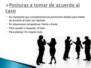 

Es importante que consideremos las posiciones ideales para hablar
de acuerdo al caso; por ejemplo:



En situaciones competitivas: frente a frente



Para ayudar o cooperar: Al lado



Para platicar: En ángulo recto

 