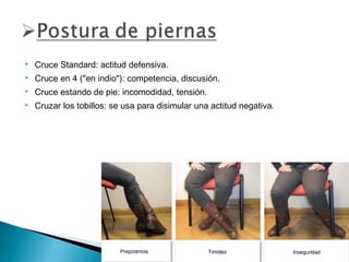 

Cruce Standard: actitud defensiva.



Cruce en 4 ("en indio"): competencia, discusión.



Cruce estando de pie: incomodidad, tensión.



Cruzar los tobillos: se usa para disimular una actitud negativa. 

 