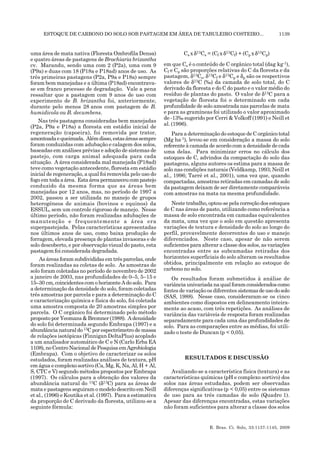 ESTOQUE DE CARBONO DO SOLO SOB PASTAGEM EM ÁREA DE TABULEIRO COSTEIRO... 1139
R. Bras. Ci. Solo, 33:1137-1145, 2009
uma área de mata nativa (Floresta Ombrofila Densa)
e quatro áreas de pastagens de Brachiaria brizantha
cv. Marandu, sendo uma com 2 (P2a), uma com 9
(P9a) e duas com 18 (P18a e P18ad) anos de uso. As
três primeiras pastagens (P2a, P9a e P18a) sempre
foram bem manejadas e a última (P18ad) encontrava-
se em franco processo de degradação. Vale a pena
ressaltar que a pastagem com 9 anos de uso com
experimento de B. brizantha foi, anteriormente,
durante pelo menos 28 anos com pastagem de B.
humidicola ou B. decumbens.
Nas três pastagens consideradas bem manejadas
(P2a, P9a e P18a) a floresta em estádio inicial de
regeneração (capoeira), foi removida por trator,
amontoadaequeimada. Alémdisso,estasáreassempre
foram conduzidas com adubação e calagem dos solos,
baseadas em análises prévias e adoção de sistemas de
pastejo, com carga animal adequada para cada
situação. A área considerada mal manejada (P18ad)
teve como vegetação antecedente, floresta em estádio
inicial de regeneração, a qual foi removida pelo uso do
fogo em todaaárea. Estaáreapermaneceucompastejo
conduzido da mesma forma que as áreas bem
manejadas por 12 anos, mas, no período de 1997 a
2002, passou a ser utilizada no manejo de grupos
heterogêneos de animais (bovinos e equinos) da
ESSUL, sem um controle rigoroso de manejo. Nesse
último período, não foram realizadas adubações de
manutenção e frequentemente a área era
superpastejada. Pelas características apresentadas
nos últimos anos de uso, como baixa produção de
forragem, elevada presença de plantas invasoras e de
solo descoberto, e por observação visual do pasto, esta
pastagem foi considerada degradada.
Asáreasforamsubdivididasemtrêsparcelas,onde
foram realizadas as coletas de solo. As amostras de
solo foram coletadas no período de novembro de 2002
a janeiro de 2003, nas profundidades de 0–5, 5–15 e
15–30 cm,coincidentescomohorizonteAdosolo. Para
a determinação da densidade do solo, foram coletadas
três amostras por parcela e para a determinação do C
e caracterização química e física do solo, foi coletada
uma amostra composta de 20 amostras simples por
parcela. O C orgânico foi determinado pelo método
proposto por Yeomans & Bremner (1988). A densidade
do solo foi determinada segundo Embrapa (1997) e a
abundâncianaturaldo13Cporespectrômetrodemassa
de relações isotópicas (Finnigan DeltaPlus) acoplado
a um analisador automático de C e N (Carlo Erba EA
1108),noCentroNacionaldePesquisaemAgrobiologia
(Embrapa). Com o objetivo de caracterizar os solos
estudados, foram realizadas análises de textura, pH
em água e complexo sortivo (Ca, Mg, K, Na, Al, H + Al,
S, CTC e V) segundo métodos propostos por Embrapa
(1997). Os cálculos para a obtenção dos valores da
abundância natural do 13C (δ13C) para as áreas de
mata e pastagens seguiram o modelo descrito em Neill
et al., (1996) e Koutika et al. (1997). Para a estimativa
da proporção de C derivado da floresta, utilizou-se a
seguinte fórmula:
Cs xδ13Cs = (Cf x δ13Cf) + (Cp xδ13Cp)
em que Cs é o conteúdo de C orgânico total (dag kg-1),
Cf e Cp são proporções relativas do C da floresta e da
pastagem, δ13Cs, δ13Cf e δ13Cp e δp são os respectivos
valores de δ13C (‰) da camada de solo total, do C
derivado da floresta e do C do pasto e o valor médio do
resíduo de plantas do pasto. O valor de δ13C para a
vegetação de floresta foi o determinado em cada
profundidade de solo amostrada nas parcelas de mata
e para as gramíneas foi utilizado o valor aproximado
de -13‰ sugerido por Cerri & Volkoff (1991) e Neill et
al. (1996).
Para a determinação do estoque de C orgânico total
(Mg ha-1), levou-se em consideração a massa do solo
referente à camada de acordo com a densidade de cada
uma delas. Para minimizar erros no cálculo dos
estoques de C, advindos da compactação do solo das
pastagens, alguns autores os estima para a massa de
solo nas condições naturais (Veldkamp, 1993; Neill et
al., 1996; Tarré et al., 2001), uma vez que, quando
compactadas, amostras retiradas em camadas de solo
da pastagem deixam de ser diretamente comparáveis
com amostras na mata na mesma profundidade.
Neste trabalho, optou-se pela correção dos estoques
de C nas áreas de pasto, utilizando como referência a
massa de solo encontrada em camadas equivalentes
da mata, uma vez que o solo em questão apresenta
variações de textura e densidade do solo ao longo do
perfil, provavelmente decorrentes do uso e manejo
diferenciados. Neste caso, apesar de não serem
suficientes para alterar a classe dos solos, as variações
encontradas entre as subcamadas retiradas dos
horizontes superficiais do solo alteram os resultados
obtidos, principalmente em relação ao estoque de
carbono no solo.
Os resultados foram submetidos à análise de
variânciaunivariadanaqual foram consideradoscomo
fontes de variação os diferentes sistemasdeusodosolo
(SAS, 1988). Nesse caso, consideraram-se os cinco
ambientes como dispostos em delineamento inteira-
mente ao acaso, com três repetições. As análises de
variância das variáveis de resposta foram realizadas
separadamente para cada uma das profundidades de
solo. Para as comparações entre as médias, foi utili-
zado o teste de Duncan (p < 0,05).
RESULTADOS E DISCUSSÃO
Avaliando-se a característica física (textura) e as
características químicas (pH e complexo sortivo) dos
solos nas áreas estudadas, podem ser observadas
diferenças significativas (p < 0,05) entre os sistemas
de uso para as três camadas de solo (Quadro 1).
Apesar das diferenças encontradas, estas variações
não foram suficientes para alterar a classe dos solos
 