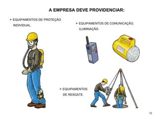 A EMPRESA DEVE PROVIDENCIAR:
 EQUIPAMENTOS DE COMUNICAÇÃO,
ILUMINAÇÃO.
 EQUIPAMENTOS DE PROTEÇÃO
INDIVIDUAL.
 EQUIPAMENTOS
DE RESGATE.
12
 