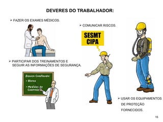 DEVERES DO TRABALHADOR:
 PARTICIPAR DOS TREINAMENTOS E
SEGUIR AS INFORMAÇÕES DE SEGURANÇA.
 USAR OS EQUIPAMENTOS
DE PROTEÇÃO
FORNECIDOS.
 COMUNICAR RISCOS.
 FAZER OS EXAMES MÉDICOS.
16
 
