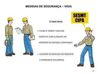 MEDIDAS DE SEGURANÇA – VIGIA
O VIGIA DEVE:
 FICAR O TEMPO TODO EM
CONTATO COM A EQUIPE NO
INTERIOR DO ESPAÇO CONFINADO.
 ACIONAR OS SERVIÇO DE RESGATE
E PRIMEIROS SOCORROS.
21
 