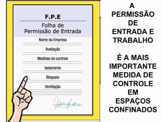 A
PERMISSÃO
DE
ENTRADA E
TRABALHO
É A MAIS
IMPORTANTE
MEDIDA DE
CONTROLE
EM
ESPAÇOS
CONFINADOS
 