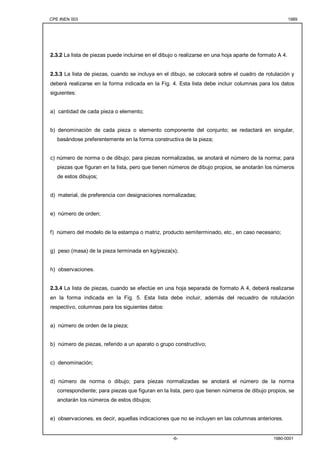 CPE INEN 003 1989 
2.3.2 La lista de piezas puede incluirse en el dibujo o realizarse en una hoja aparte de formato A 4. 
2.3.3 La lista de piezas, cuando se incluya en el dibujo, se colocará sobre el cuadro de rotulación y 
deberá realizarse en la forma indicada en la Fig. 4. Esta lista debe incluir columnas para los datos 
siguientes: 
-6- 1980-0001 
a) cantidad de cada pieza o elemento; 
b) denominación de cada pieza o elemento componente del conjunto; se redactará en singular, 
basándose preferentemente en la forma constructiva de la pieza; 
c) número de norma o de dibujo; para piezas normalizadas, se anotará el número de la norma; para 
piezas que figuran en la lista, pero que tienen números de dibujo propios, se anotarán los números 
de estos dibujos; 
d) material, de preferencia con designaciones normalizadas; 
e) número de orden; 
f) número del modelo de la estampa o matriz, producto semiterminado, etc., en caso necesario; 
g) peso (masa) de la pieza terminada en kg/pieza(s); 
h) observaciones. 
2.3.4 La lista de piezas, cuando se efectúe en una hoja separada de formato A 4, deberá realizarse 
en la forma indicada en la Fig. 5. Esta lista debe incluir, además del recuadro de rotulación 
respectivo, columnas para los siguientes datos: 
a) número de orden de la pieza; 
b) número de piezas, referido a un aparato o grupo constructivo; 
c) denominación; 
d) número de norma o dibujo; para piezas normalizadas se anotará el número de la norma 
correspondiente; para piezas que figuran en la lista, pero que tienen números de dibujo propios, se 
anotarán los números de estos dibujos; 
e) observaciones, es decir, aquellas indicaciones que no se incluyen en las columnas anteriores. 
 