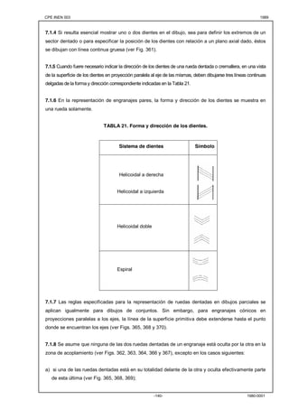 CPE INEN 003 1989 
7.1.4 Si resulta esencial mostrar uno o dos dientes en el dibujo, sea para definir los extremos de un 
sector dentado o para especificar la posición de los dientes con relación a un plano axial dado, éstos 
se dibujan con línea continua gruesa (ver Fig. 361). 
7.1.5 Cuando fuere necesario indicar la dirección de los dientes de una rueda dentada o cremallera, en una vista 
de la superficie de los dientes en proyección paralela al eje de las mismas, deben dibujarse tres líneas continuas 
delgadas de la forma y dirección correspondiente indicadas en la Tabla 21. 
7.1.6 En la representación de engranajes pares, la forma y dirección de los dientes se muestra en 
una rueda solamente. 
TABLA 21. Forma y dirección de los dientes. 
Sistema de dientes Símbolo 
Helicoidal a derecha 
Helicoidal a izquierda 
-140- 1980-0001 
Helicoidal doble 
Espiral 
7.1.7 Las reglas especificadas para la representación de ruedas dentadas en dibujos parciales se 
aplican igualmente para dibujos de conjuntos. Sin embargo, para engranajes cónicos en 
proyecciones paralelas a los ejes, la línea de la superficie primitiva debe extenderse hasta el punto 
donde se encuentran los ejes (ver Figs. 365, 368 y 370). 
7.1.8 Se asume que ninguna de las dos ruedas dentadas de un engranaje está oculta por la otra en la 
zona de acoplamiento (ver Figs. 362, 363, 364, 366 y 367), excepto en los casos siguientes: 
a) si una de las ruedas dentadas está en su totalidad delante de la otra y oculta efectivamente parte 
de esta última (ver Fig. 365, 368, 369); 
 