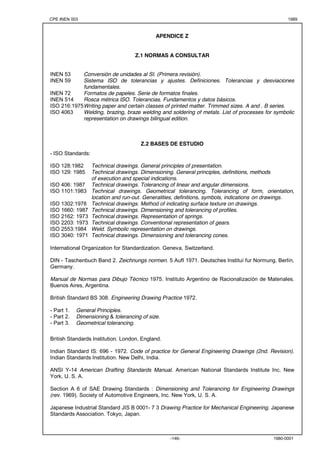 CPE INEN 003 1989 
APENDICE Z 
Z.1 NORMAS A CONSULTAR 
INEN 53 Conversión de unidades al SI. (Primera revisión). 
INEN 59 Sistema ISO de tolerancias y ajustes. Definiciones. Tolerancias y desviaciones 
-146- 1980-0001 
fundamentales. 
INEN 72 Formatos de papeles. Serie de formatos finales. 
INEN 514 Rosca métrica ISO. Tolerancias. Fundamentos y datos básicos. 
ISO 216:1975 Writing paper and certain classes of printed matter. Trimmed sizes. A and . B series. 
ISO 4063 Welding, brazing, braze welding and soldering of metals. List of processes for symbolic 
representation on drawings bilingual edition. 
Z.2 BASES DE ESTUDIO 
- ISO Standards: 
ISO 128:1982 Technical drawings. General principles of presentation. 
ISO 129: 1985 Technical drawings. Dimensioning. General principles, definitions, methods 
of execution and special indications. 
ISO 406: 1987 Technical drawings. Tolerancing of linear and angular dimensions. 
ISO 1101:1983 Technical drawings. Geometrical tolerancing. Tolerancing of form, orientation, 
location and run-out. Generalities, definitions, symbols, indications on drawings. 
ISO 1302:1978 Technical drawings. Method of indicating surface texture on drawings. 
ISO 1660: 1987 Technical drawings. Dimensioning and tolerancing of profiles. 
ISO 2162: 1973 Technical drawings. Representation of springs. 
ISO 2203: 1973 Technical drawings. Conventional representation of gears. 
ISO 2553:1984 Weld. Symbolic representation on drawings. 
ISO 3040: 1971 Technical drawings. Dimensioning and tolerancing cones. 
International Organization for Standardization. Geneva, Switzerland. 
DIN - Taschenbuch Band 2. Zeichnungs normen. 5 Aufl 1971. Deutsches Instituí fur Normung. Berlín, 
Germany. 
Manual de Normas para Dibujo Técnico 1975. Instituto Argentino de Racionalización de Materiales. 
Buenos Aires, Argentina. 
British Standard BS 308. Engineering Drawing Practice 1972. 
- Part 1. General Principles. 
- Part 2. Dimensioning & tolerancing of size. 
- Part 3. Geometrical tolerancing. 
British Standards Institution. London, England. 
Indian Standard IS: 696 - 1972. Code of practice for General Engineering Drawings (2nd. Revision). 
Indian Standards Institution. New Delhi, India. 
ANSI Y-14 American Drafting Standards Manual. American National Standards Institute Inc. New 
York, U. S. A. 
Section A 6 of SAE Drawing Standards : Dimensioning and Tolerancing for Engineering Drawings 
(rev. 1969). Society of Automotive Engineers, Inc. New York, U. S. A. 
Japanese Industrial Standard JIS B 0001- 7 3 Drawing Practice for Mechanical Engineering. Japanese 
Standards Association. Tokyo, Japan. 
 