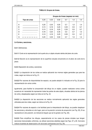 CPE INEN 003 1989 
TABLA 6. Grupos de líneas. 
Grupos de líneas (espesor en mm) 
Tipo de Línea 0,25 0,35 0,50 0,7 1,0 1,4 
A __________________ 0,25 0,35 0,50 0,7 1,0 1,4 
B __________________ 0,13 0,18 0,25 0,35 0,5 0,7 
C __________________ 0,13 0,18 0,25 0,35 0,5 0,7 
D 0,18 0,25 0,35 0,5 0,7 1,0 
E 0,13 0,18 0,25 0,35 0,5 0,7 
G 0,25 0,35 0,50 0,7 1,0 1,4 
-16- 1980-0001 
3.4 Cortes y secciones. 
3.4.1 Definiciones. 
3.4.1.1 Corte es la representación de la parte de un objeto situado detrás del plano de corte. 
3.4.1.2 Sección es la representación de la superficie situada únicamente en el plano de corte de la 
pieza. 
3.4.2 Disposición de cortes y secciones. 
3.4.2.1 La disposición de los cortes se realiza aplicando las mismas reglas generales que para las 
vistas, según se indica en la Fig. 21. 
3.4.2.2 Por razones de disponibilidad de espacio, se puede adoptar lo indicado en la Fig. 22 para la 
representación de varios cortes. 
Igualmente, para facilitar la comprensión del dibujo de un objeto, pueden realizarse varios cortes 
sucesivos sin necesidad de representar todas las partes de este objeto, situadas detrás de los planos 
de corte y desplazados según se indica en la Fig. 23. 
3.4.2.3 La disposición de las secciones se realiza normalmente aplicando las reglas generales 
utilizadas para las vistas, según se indica en la Fig. 24. 
3.4.2.4 Por razones de espacio o de facilidad para la interpretación del dibujo, se pueden desplazar 
las secciones y ubicarlas en otro lugar, pero en la posición correcta de proyección (ver Fig. 25). Si se 
representa en otra posición, se indicará el ángulo que se ha girado (ver Fig. 26). 
3.4.2.5 Para simplificar los dibujos, especialmente en los casos de piezas simples que tengan 
secciones transversales uniformes, se utilizan secciones abatidas según las Figs. 27 y 28. Conviene 
indicar el sentido de observación a fin de evitar confusiones (ver Fig. 29). 
 