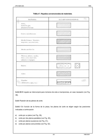 CPE INEN 003 1989 
TABLA 7. Rayados convencionales de materiales. 
3.4.3.10 El rayado se interrumpirá para números de cota e inscripciones, en caso necesario (ver Fig. 
38). 
-20- 1980-0001 
3.4.4 Posición de los planos de corte. 
3.4.4.1 En función de la forma de la pieza, los planos de corte se eligen según las posiciones 
indicadas a continuación: 
a) corte por un plano (ver Fig. 39), 
b) corte por dos planos paralelos (ver Fig. 40), 
c) corte por planos sucesivos (ver Fig. 41), 
d) corte por planos concurrentes (ver Fig. 42). 
 