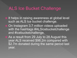  It helps in raising awareness at global level
such as ALS Ice bucket challenge.
 On Instagram 3.7 million videos uploaded
with the hashtags #ALSicebucketchallenge
and #icebucketchallenge.
 As a result from 29 July to 28 August this
year ALS received $98.2m compared with
$2.7m donated during the same period last
year.
 