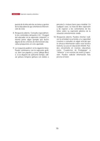 70
UNIDAD 8 Expresión corporal y dramática
puesta de la niña ante las acciones y gestos
de la educadora la que orientará la interven-
ción de ésta.
8. Respuesta abierta. Consulta especialmen-
te los contenidos del punto 2.8 ( “El papel
del educador en la expresión corporal”) e
intenta poner algún ejemplo que ilustre
alguno de los criterios de intervención edu-
cativa propuestos en este apartado.
9. La respuesta podría ir en la siguiente línea:
Puede continuarse con la expresión gráfi-
ca, bien con papeles y ceras (dibujo libre)
o, si se dispone de suficiente tiempo, utili-
zar pintura témpera (pintura con dedos o
pinceles) e incluso barro para modelar. En
cualquier caso, se trata de libre expresión
y de esperar a los comentarios de los
niños sobre su expresión plástica de la
situación anteriormente vivida.
10. Respuesta abierta. Puedes intentar reali-
zar la actividad recurriendo a tu capacidad
creativa o consultar en algún artículo que
te ofrezca información sobre esta técnica
teatral y su uso en educación infantil. Pue-
des encontrarla en revistas educativas
como “Cuadernos de Pedagogía” o
“Infancia” o en revistas de teatro y expre-
sión. Puedes solicitar información más
precisa al tutor.
 