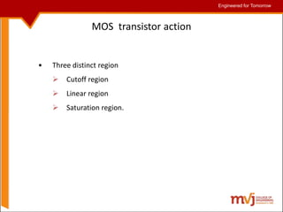 Engineered for Tomorrow
Engineered for Tomorrow
MOS transistor action
• Three distinct region
 Cutoff region
 Linear region
 Saturation region.
 