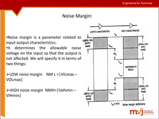 Engineered for Tomorrow
Engineered for Tomorrow
•Noise margin is a parameter related to
input output characteristics.
•It determines the allowable noise
voltage on the input so that the output is
not affected. We will specify it in terms of
two things:
LOW noise margin NM L =|VILmax –
VOLmax|
HIGH noise margin NMH=|Vohmin –
VIHmin|
Noise Margin:
 
