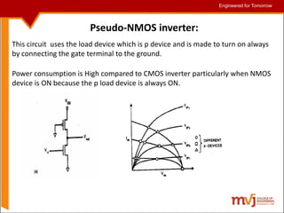 Engineered for Tomorrow
Engineered for Tomorrow
Pseudo-NMOS inverter:
This circuit uses the load device which is p device and is made to turn on always
by connecting the gate terminal to the ground.
Power consumption is High compared to CMOS inverter particularly when NMOS
device is ON because the p load device is always ON.
 