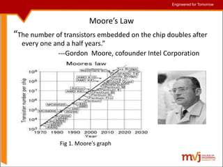 Engineered for Tomorrow
Engineered for Tomorrow
Moore’s Law
“The number of transistors embedded on the chip doubles after
every one and a half years.”
---Gordon Moore, cofounder Intel Corporation
Fig 1. Moore's graph
 
