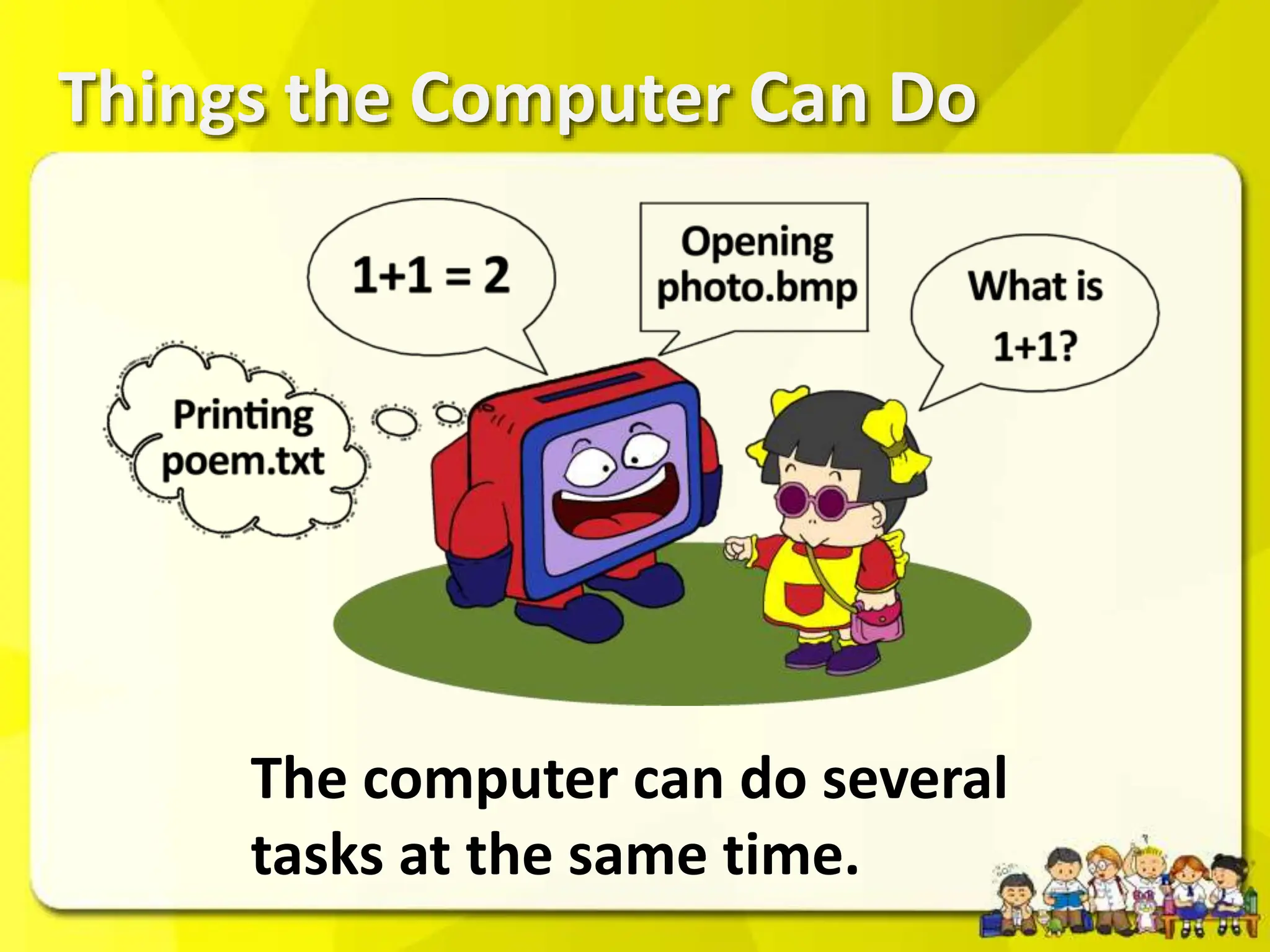 Things the Computer Can Do
The computer can do several
tasks at the same time.
 