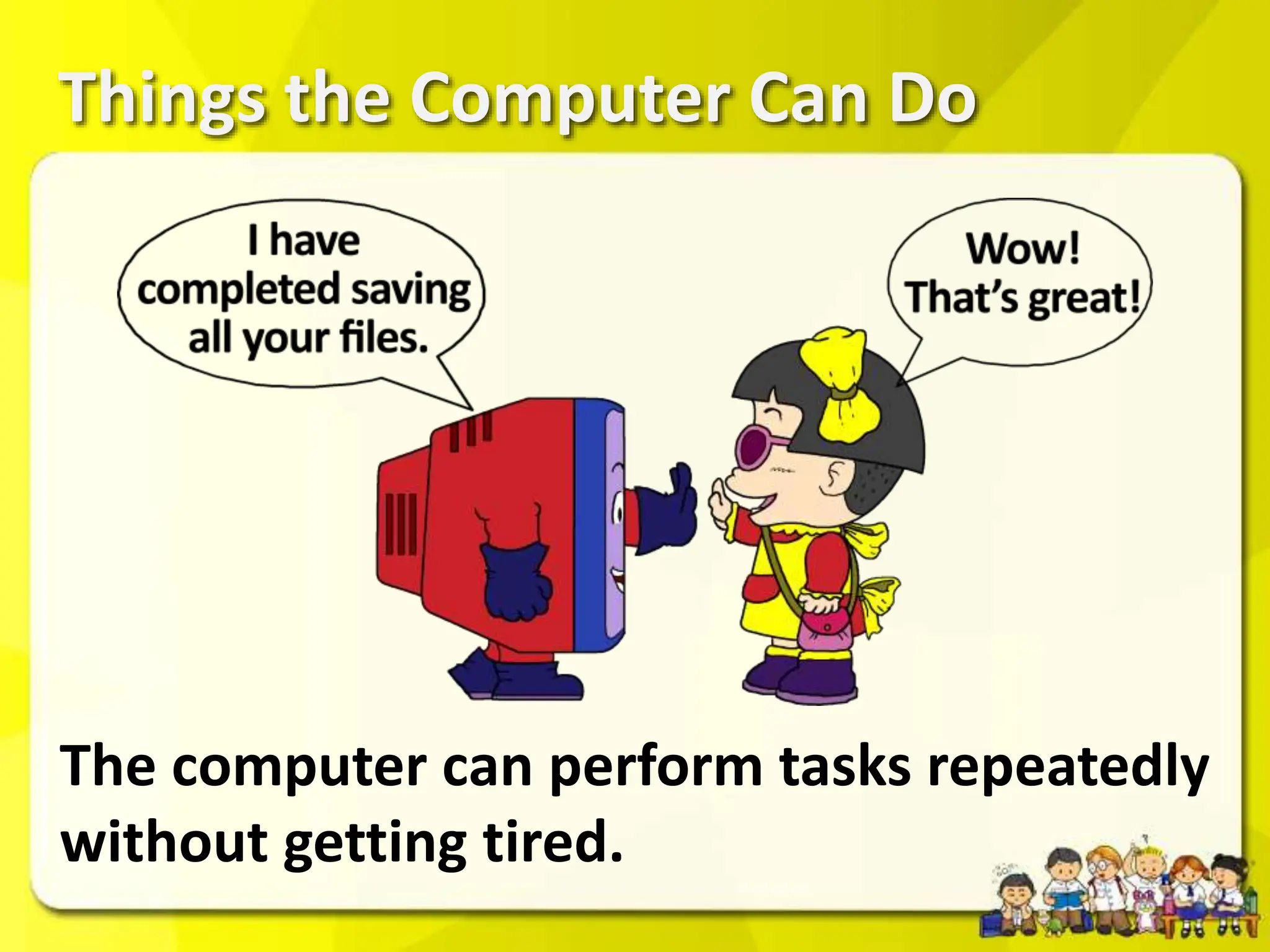 Things the Computer Can Do
The computer can perform tasks repeatedly
without getting tired.
 