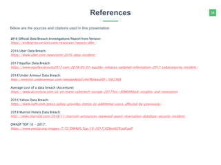18
Below are the sources and citations used in this presentation:
References
2018 Official Data Breach Investigations Report from Verizon:
https://enterprise.verizon.com/resources/reports/dbir/
2016 Uber Data Breach:
https://www.uber.com/newsroom/2016-data-incident/
2017 Equifax Data Breach:
https://www.equifaxsecurity2017.com/2018/03/01/equifax-releases-updated-information-2017-cybersecurity-incident/
2018 Under Armour Data Breach:
http://investor.underarmour.com/releasedetail.cfm?ReleaseID=1062368
Average cost of a data breach (Accenture)
https://www.accenture.com/us-en/event-cybertech-europe-2017?src=SOMS#block-insights-and-innovation
2016 Yahoo Data Breach:
https://www.oath.com/press/yahoo-provides-notice-to-additional-users-affected-by-previously/
2018 Marriot Hotels Data Breach:
http://news.marriott.com/2018/11/marriott-announces-starwood-guest-reservation-database-security-incident/
OWASP TOP 10 - 2017:
https://www.owasp.org/images/7/72/OWASP_Top_10-2017_%28en%29.pdf.pdf
 