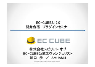 EC-CUBE2.12.0
開発合宿 プラグインセミナー




   株式会社スピリット・オブ
EC-CUBE公式エヴァンジェリスト
   川口 歩 ／ AMUAMU
    Copyright (c) 2012 Spirit of Co.,Ltd. all rights reserved.
 