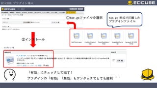 EC-CUBE プラグイン導入

①tar.gzファイルを選択

tar.gz 形式で圧縮した
プラグインファイル

②インストール

「有効」にチェックして完了！
プラグインの「有効」「無効」もワンタッチでとても便利 ＾＾

 