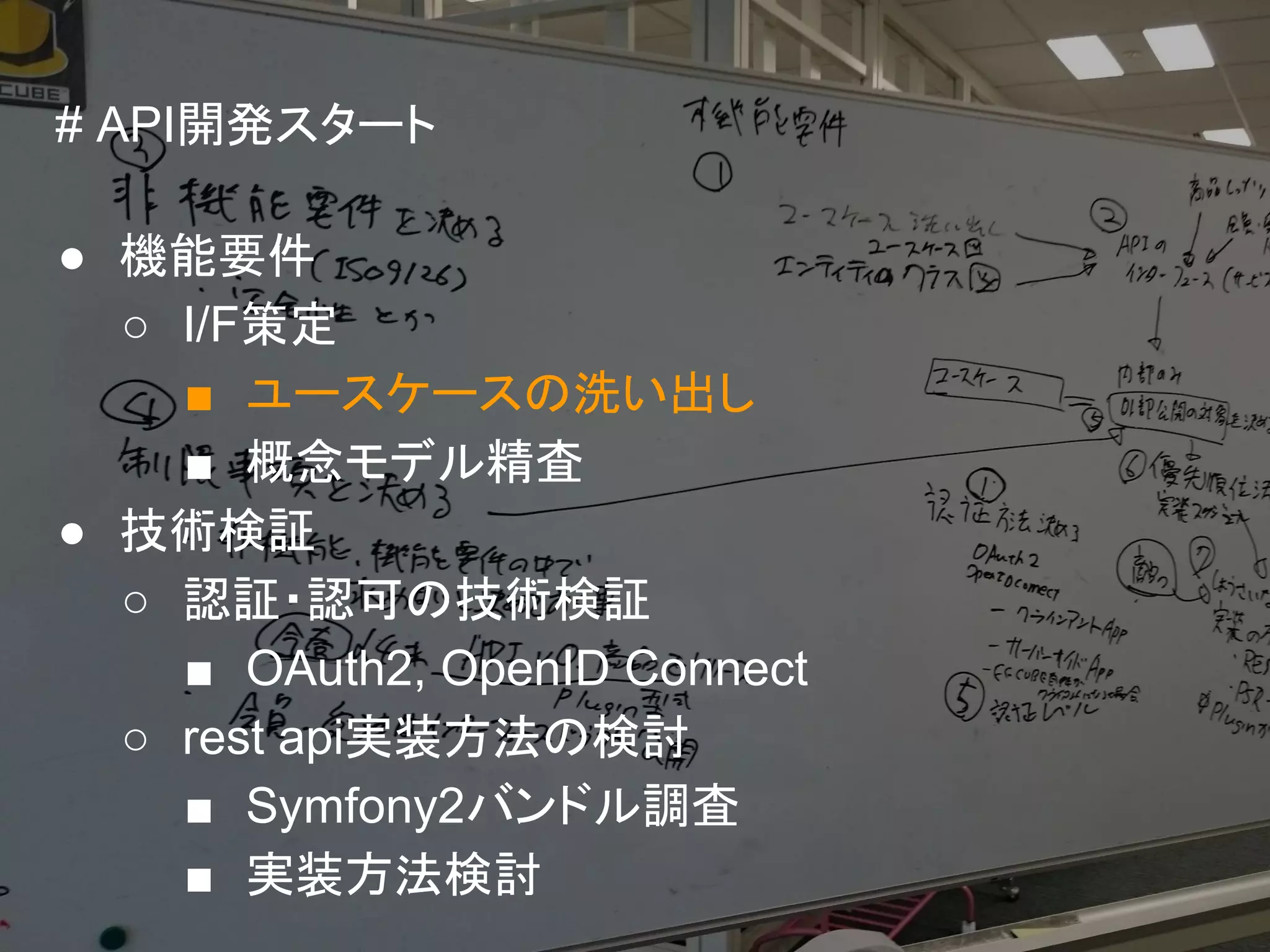 # API開発スタート
● 機能要件
○ I/F策定
■ ユースケースの洗い出し
■ 概念モデル精査
● 技術検証
○ 認証・認可の技術検証
■ OAuth2, OpenID Connect
○ rest api実装方法の検討
■ Symfony2バンドル調査
■ 実装方法検討
 