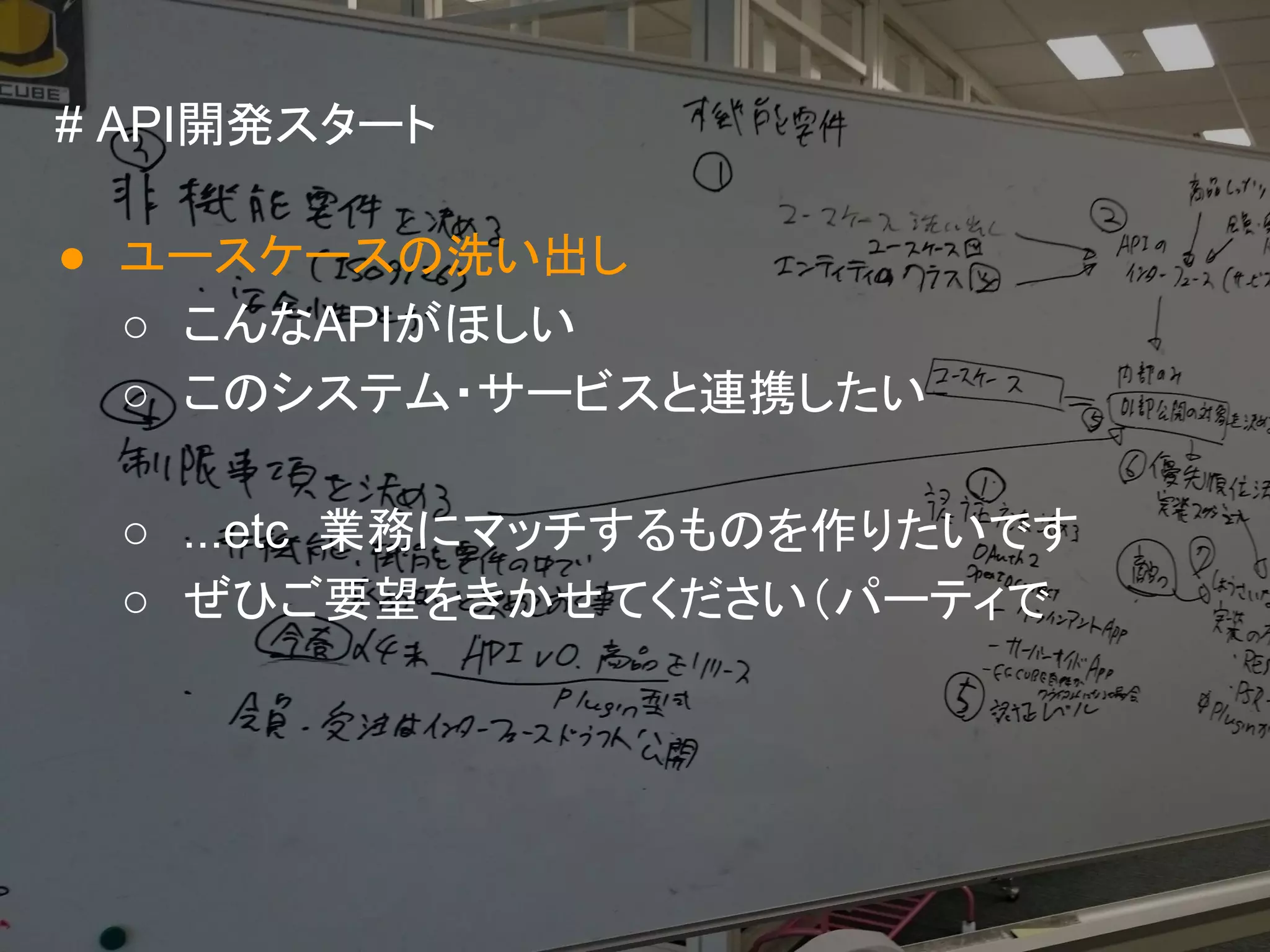 # API開発スタート
● ユースケースの洗い出し
○ こんなAPIがほしい
○ このシステム・サービスと連携したい
○ ...etc 業務にマッチするものを作りたいです
○ ぜひご要望をきかせてください（パーティで
 