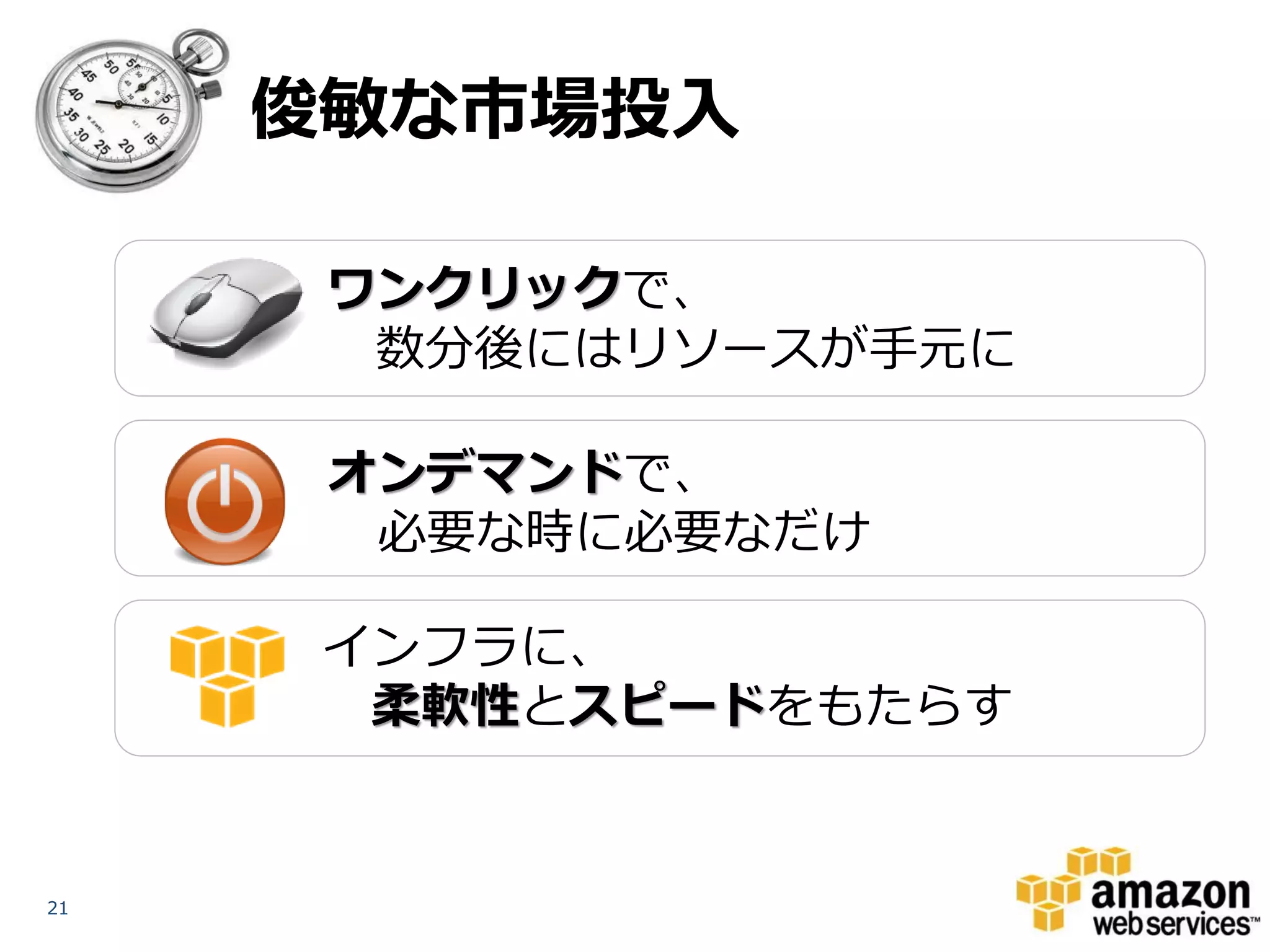 俊敏な市場投入
     Deploy




               ワンクリックで、
                数分後にはリソースが手元に

               オンデマンドで、
                必要な時に必要なだけ

               インフラに、
                柔軟性とスピードをもたらす


21
 