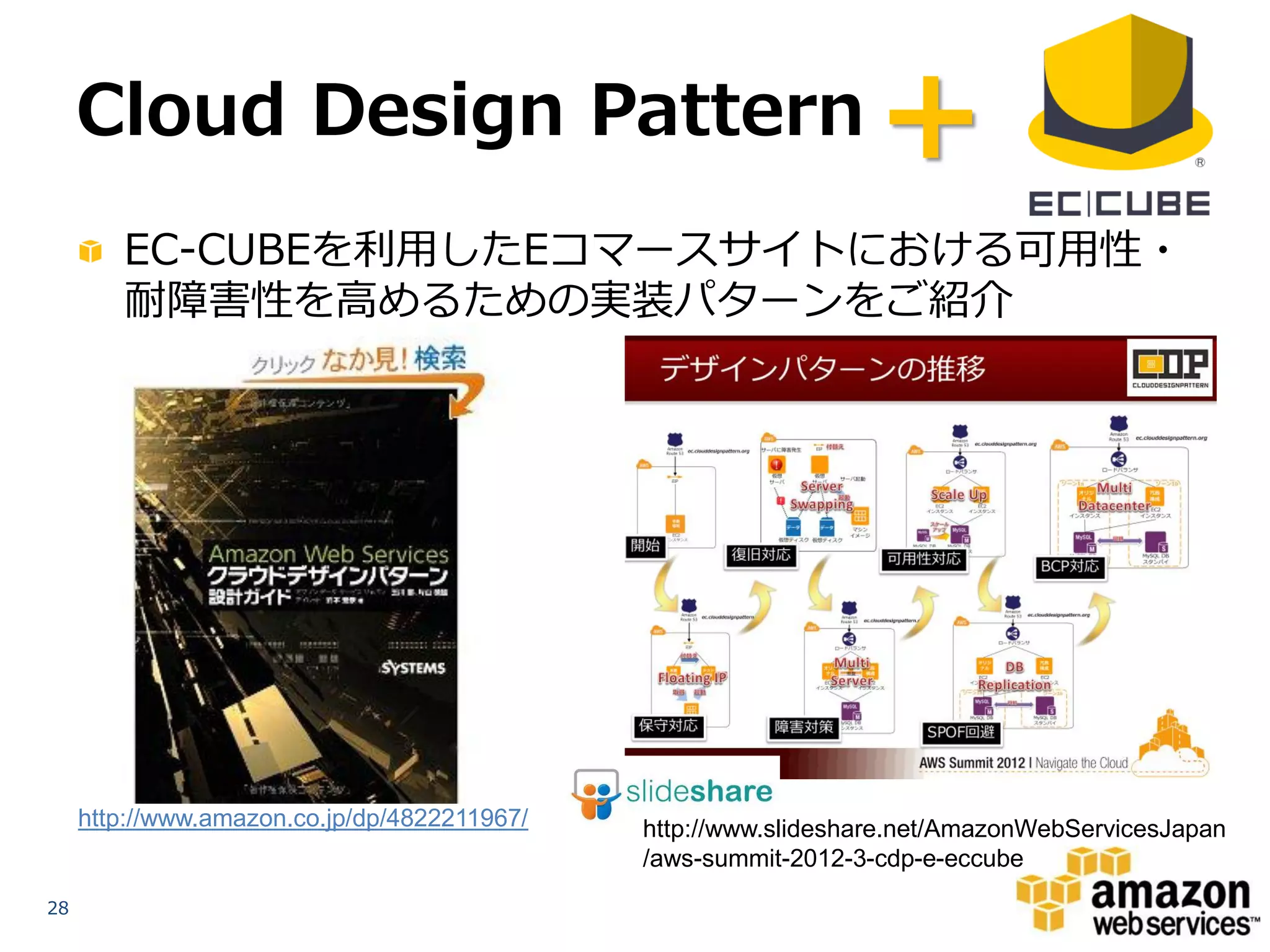 Cloud Design Pattern                                        +
        EC-CUBEを利用したEコマースサイトにおける可用性・
        耐障害性を高めるための実装パターンをご紹介




     http://www.amazon.co.jp/dp/4822211967/   http://www.slideshare.net/AmazonWebServicesJapan
                                              /aws-summit-2012-3-cdp-e-eccube
28
 