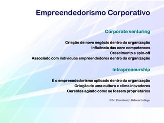Empreendedorismo Corporativo

                                       Corporate venturing

                 Criação de novo negócio dentro da organização
                               Influência das core competences
                                          Crescimento e spin-off
Associado com indivíduos empreendedores dentro da organização


                                            Intrapreneurship

          É o empreendedorismo aplicado dentro da organização
                     Criação de uma cultura e clima inovadores
                  Gerentes agindo como se fossem proprietários

                                          © N. Thornberry, Babson College
 