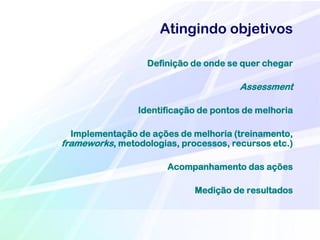 Atingindo objetivos

                  Definição de onde se quer chegar

                                       Assessment

                Identificação de pontos de melhoria

  Implementação de ações de melhoria (treinamento,
frameworks, metodologias, processos, recursos etc.)

                       Acompanhamento das ações

                             Medição de resultados
 