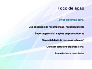 Foco de ação

                         Criar sistemas para:

Uso adequado de recompensas / reconhecimento

    Suporte gerencial a ações empreendedoras

          Disponibilidade de recursos (e tempo)

              Otimizar estrutura organizacional

                     Assumir riscos calculados
 