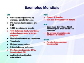 Exemplos Mundiais
3M                                   P&G
►    Coloca vários produtos no       ► Conect & Develop
     mercado constantemente          ► 50% das inovações vêm de fora

►    6% das vendas investidos em
     P&D                             IBM
                                     ► Doou mais de 500 das 40mil
►    7.000 cientistas no mundo          patentes para criar novos eco-
►    15% do tempo dos funcionários      sistemas
     dedicados aos seus próprios     ► Co-investe em projetos de
     projetos                           parceiros e clientes
►    Unidades de negócios pequenas
                                     Idéias
►    Tolerância                      ► Funcionários premiam
►    Motivar os campeões                funcionários
►    Intimidade com o clientes
►    Produtos pertecem às BU’s,
     tecnologias à 3M
►    Ambiente de estímulo à
     criatividade
 