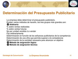 Determinación del Presupuesto Publicitario La empresa debe determinar el presupuesto publicitario.  Existen varios métodos de hacerlo, los tres grupos más grandes son: Arbitrario   % sobre ventas realizadas % sobre ventas futuras fijo por unidad vendida ó a vender Fijo arbitrariamente Determinación en función de los esfuerzos publicitarios de la competencia  Determinación de una cifra que permita superar a la competencia Determinación de la cantidad necesaria para alcanzar un objetivo  Método de asignación lógica Metodo de asignación técnica 