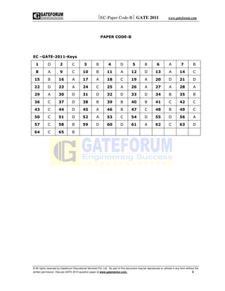 EC-Paper Code-B GATE 2011                                  www.gateforum.com




                                                           PAPER CODE-B




EC –GATE-2011-Keys

  1         D          2         C          3          B         4          D         5          B         6          A         7          B

  8         A          9         C         10          B        11          A        12          D        13          A        14          C

 15         B         16          A        17          A        18          C        19          A        20          D        21          D

 22         D         23          A        24          C        25          A        26          A        27          A        28          A

 29         A         30         D         31         D         32          D        33          D        34          B        35          B

 36         C         37         D         38          B        39          B        40          B        41          C        42          C

 43         C         44         D         45          A        46          B        47          C        48          B        49          C

 50         C         51         D         52          A        53          C        54          D        55          D        56          A

 57         C         58         B         59         D         60          D        61          A        62          C        63          D

 64         C         65         B




© All rights reserved by Gateforum Educational Services Pvt. Ltd. No part of this document may be reproduced or utilized in any form without the
written permission. Discuss GATE 2010 question paper at www.gatementor.com.                                                               1
 