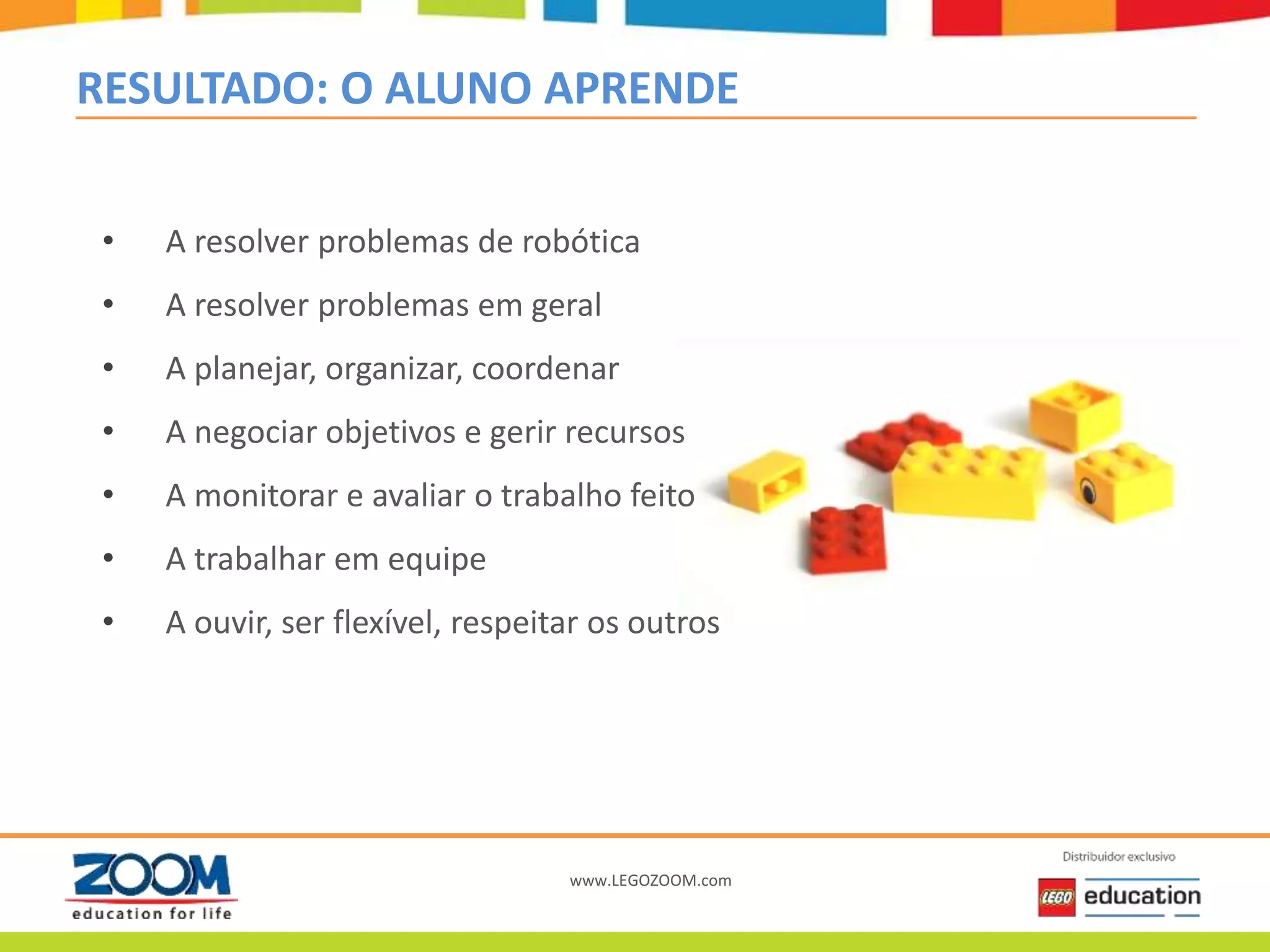 www.LEGOZOOM.com
RESULTADO: O ALUNO APRENDE
• A resolver problemas de robótica
• A resolver problemas em geral
• A planejar, organizar, coordenar
• A negociar objetivos e gerir recursos
• A monitorar e avaliar o trabalho feito
• A trabalhar em equipe
• A ouvir, ser flexível, respeitar os outros