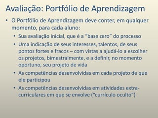 Avaliação: Portfólio de Aprendizagem
• O Portfólio de Aprendizagem deve conter, em qualquer
momento, para cada aluno:
• Sua avaliação inicial, que é a “base zero” do processo
• Uma indicação de seus interesses, talentos, de seus
pontos fortes e fracos – com vistas a ajudá-lo a escolher
os projetos, bimestralmente, e a definir, no momento
oportuno, seu projeto de vida
• As competências desenvolvidas em cada projeto de que
ele participou
• As competências desenvolvidas em atividades extra-
curriculares em que se envolve (“currículo oculto”)
 