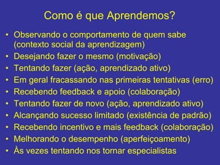 Como é que Aprendemos?
• Observando o comportamento de quem sabe
(contexto social da aprendizagem)
• Desejando fazer o mesmo (motivação)
• Tentando fazer (ação, aprendizado ativo)
• Em geral fracassando nas primeiras tentativas (erro)
• Recebendo feedback e apoio (colaboração)
• Tentando fazer de novo (ação, aprendizado ativo)
• Alcançando sucesso limitado (existência de padrão)
• Recebendo incentivo e mais feedback (colaboração)
• Melhorando o desempenho (aperfeiçoamento)
• Às vezes tentando nos tornar especialistas
 