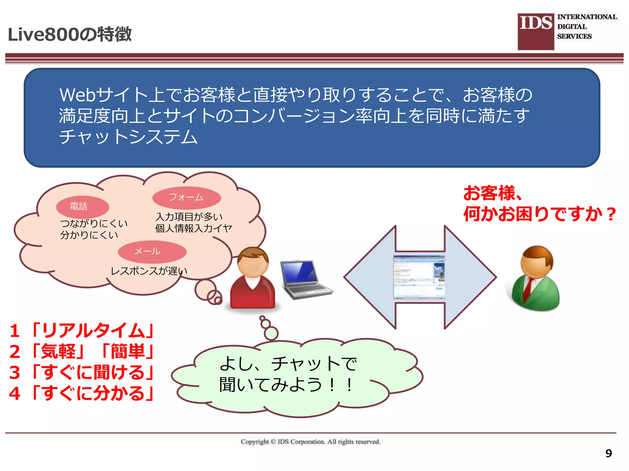 Live800の特徴


    Webサ゗ト上でお客様と直接やり取りすることで、お客様の
    満足度向上とサ゗トのコンバージョン率向上を同時に満たす
    チャットシステム


                    フォーム              お客様、
     電話

    つながりにくい
                入力項目が多い               何かお困りですか？
                個人情報入力゗ヤ
    分かりにくい
              メール

          レスポンスが遅い




１「リアルタイム」
２「気軽」「簡単」
                           よし、チャットで
３「すぐに聞ける」
                           聞いてみよう！！
４「すぐに分かる」


                                              9
 