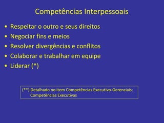 Competências Interpessoais
• Respeitar o outro e seus direitos
• Negociar fins e meios
• Resolver divergências e conflitos
• Colaborar e trabalhar em equipe
• Liderar (*)
(**) Detalhado no item Competências Executivo-Gerenciais:
Competências Executivas
 
