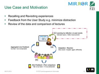 Use Case and Motivation
 Recalling and Revisiting experiences
 Feedback from the User Study e.g. minimize distraction
 Review of the data and comparison of lectures
09.07.2014 © FZI Forschungszentrum Informatik 10
 