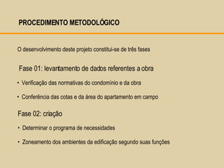 O desenvolvimento deste projeto constitui-se de três fases   Verificação das normativas do condomínio e da obra Conferência das cotas e da área do apartamento em campo Fase 01: levantamento de dados referentes a obra PROCEDIMENTO METODOLÓGICO  Determinar o programa de necessidades Zoneamento dos ambientes da edificação segundo suas funções Fase 02: criação 