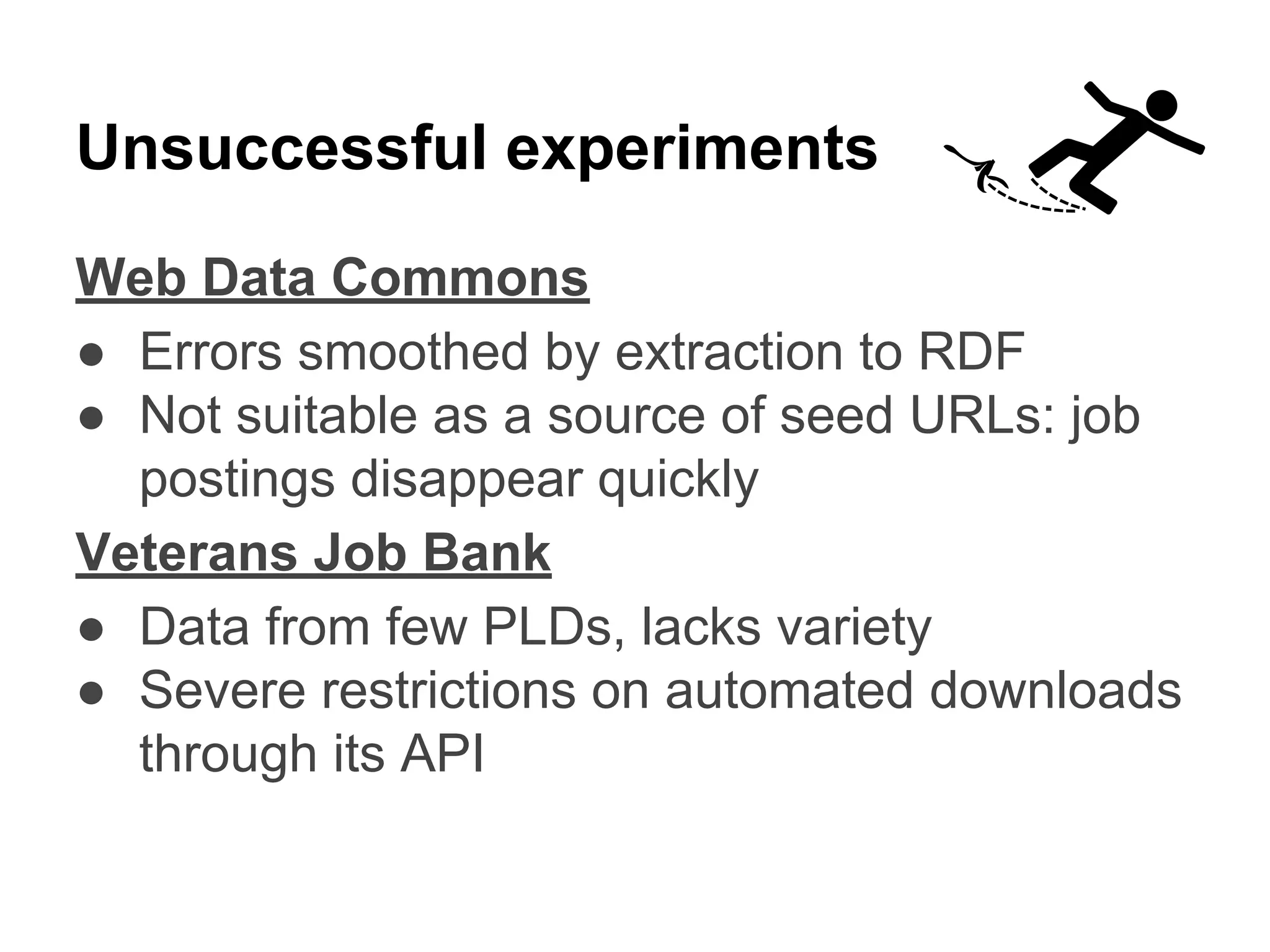 Unsuccessful experiments 
Web Data Commons 
● Errors smoothed by extraction to RDF 
● Not suitable as a source of seed URLs: job 
postings disappear quickly 
Veterans Job Bank 
● Data from few PLDs, lacks variety 
● Severe restrictions on automated downloads 
through its API 
 