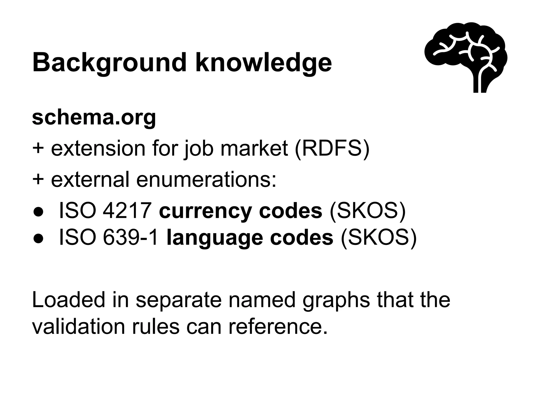 Background knowledge 
schema.org 
+ extension for job market (RDFS) 
+ external enumerations: 
● ISO 4217 currency codes (SKOS) 
● ISO 639-1 language codes (SKOS) 
Loaded in separate named graphs that the 
validation rules can reference. 
 