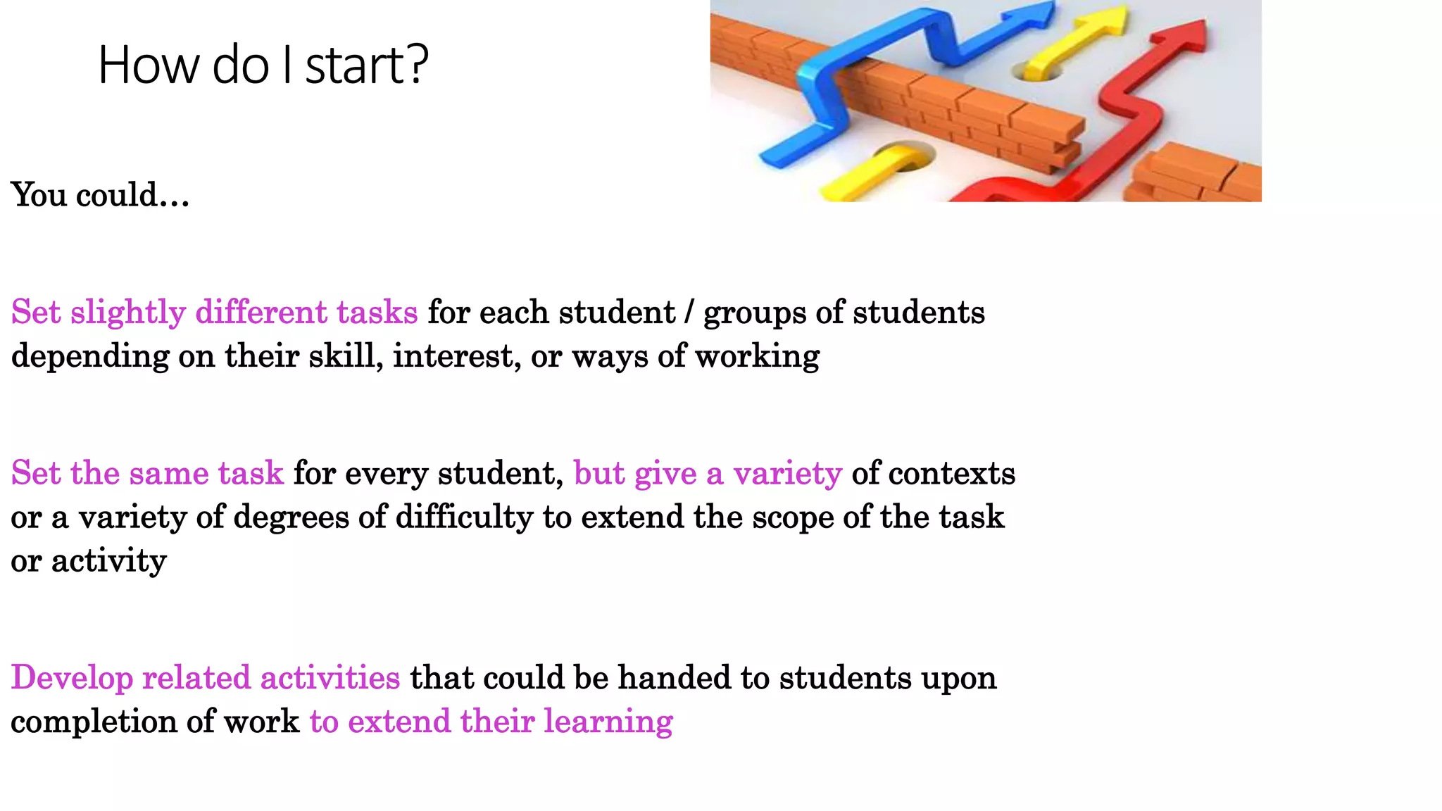 How doI start?
You could…
Set slightly different tasks for each student / groups of students
depending on their skill, interest, or ways of working
Set the same task for every student, but give a variety of contexts
or a variety of degrees of difficulty to extend the scope of the task
or activity
Develop related activities that could be handed to students upon
completion of work to extend their learning
 