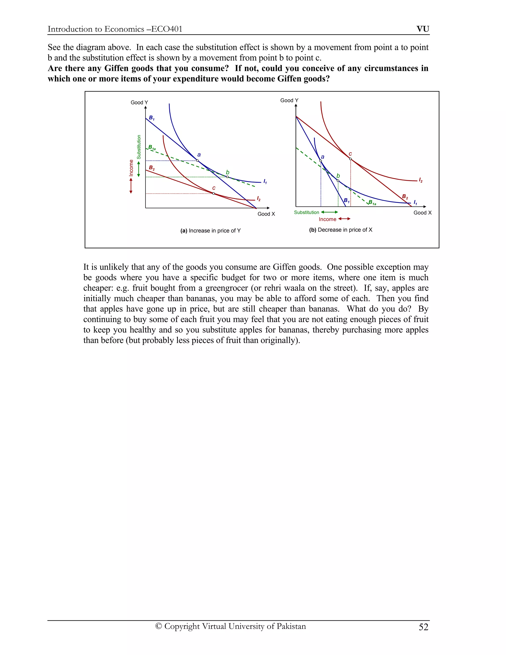 Introduction to Economics –ECO401                                                                                                              VU

See the diagram above. In each case the substitution effect is shown by a movement from point a to point
b and the substitution effect is shown by a movement from point b to point c.
Are there any Giffen goods that you consume? If not, could you conceive of any circumstances in
which one or more items of your expenditure would become Giffen goods?

                       Good Y                                                                   Good Y


                                             B1



                              Substitution
                                             B1a
                                                                a                                                  a        c
                     Income




                                             B2
                                                                            b
                                                                                                                       b
                                                                                           I1                                                      I2
                                                                      c
                                                                                      I2                                                 B2
                                                                                                                           B1      B1a        I1

                                                                                      Good X        Substitution                              Good X
                                                                                                               Income

                                                         (a) Increase in price of Y                        (b) Decrease in price of X




         It is unlikely that any of the goods you consume are Giffen goods. One possible exception may
         be goods where you have a specific budget for two or more items, where one item is much
         cheaper: e.g. fruit bought from a greengrocer (or rehri waala on the street). If, say, apples are
         initially much cheaper than bananas, you may be able to afford some of each. Then you find
         that apples have gone up in price, but are still cheaper than bananas. What do you do? By
         continuing to buy some of each fruit you may feel that you are not eating enough pieces of fruit
         to keep you healthy and so you substitute apples for bananas, thereby purchasing more apples
         than before (but probably less pieces of fruit than originally).




                                                  © Copyright Virtual University of Pakistan                                                       52
 