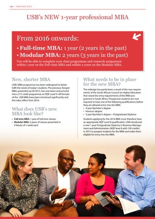 New, shorter MBA
USB’s MBA programme has been redesigned to better
fulfil the needs of today’s students. The previous (longer)
MBA, presented up till 2015, has now been restructured
into a 213 credit programme on NQF Level 9. All formats
of the  USB MBA have been shortened significantly and
this takes effect from 2016.
What does USB’s new
MBA look like?
•	 Full-time MBA: 1 year of full-time classes
•	 Modular MBA: 2 years of classes presented in 	
9 blocks of 1 week each
What needs to be in place
for the new MBA?
The redesign has partly been a result of the new require-
ments of the South African Council on Higher Education
that raised the entry requirements of the MBA pro-
gramme in South Africa. Prospective students are now
required to have one of the following qualifications before
they are allowed entry into the MBA:
•	 4-year Bachelor’s degree
•	 Honours degree
•	 3-year Bachelor’s degree + Postgraduate Diploma
Students applying for the 2016 MBA must therefore have
an appropriate NQF Level 8 qualification. USB introduced
a new 1-year Postgraduate Diploma in Business Manage-
ment and Administration (NQF level 8 with 120 credits)
in 2015 to prepare students for the MBA and make them
eligible for entry into the MBA.
USB’s NEW 1-year professional MBA
From 2016 onwards:
•	Full-time MBA: 1 year (2 years in the past)
•	Modular MBA: 2 years (3 years in the past)
You will be able to complete your class programme and research assignment
within 1 year on the Full-time MBA and within 2 years on the Modular MBA.
08 | impo r ta n t
 