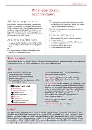 applicatio n |   15
What else do you
need to know?
OR
•	 An appropriate 3-year Bachelor’s degree (NQF level 7)
and a Postgraduate Diploma (NQF level 8), and at least 	
3 years of relevant working experience
Note: The working experience should preferably be on
managerial level.
Other requirements
•	 Mathematics at NNS (Grade 12) level or equivalent
•	 A comprehensive CV
•	 3 essays, showing the candidate’s level of motivation
and working experience
•	 An interview with an MBA alumnus
•	 Satisfactory selection test results
Admission requirements
USB’s stringent admission criteria result in higher reten-
tion and pass rates. From 2016 onwards, the Council on
Higher Education (CHE) in South Africa will, based on new
regulations, requires all MBA applicants to have a 4-year
degree, a 3-year Bachelor’s degree plus a postgraduate
diploma, or an honours degree. The minimum admission
requirements for USB’s MBA include:
Academic qualifications
•	 An appropriate 4-year Bachelor’s degree (NQF level 8)
and at least 3 years of relevant full-time working experi-
ence
OR
•	 An Honours degree (NQF level 8), plus 3 years of rel-
evant full-time working experience
Selection tests
USB accepts the SHL or GMAT selection test. Both tests are recognised internationally. Make an appointment with USB to do the
SHL selection test on the USB campus or elsewhere, or contact GMAT at www.gmat.com.
SHL
The SHL consists of the following parts:
•	 Verbal critical reasoning assessment
•	 Numerical critical reasoning assessment
•	 Inductive reasoning test
•	 The Occupational Personality Questionnaire (OPQ) 	
on behavioural preferences.
SHL selection test
1Verbal critical 	
reasoning assessment ....................
2Numerical critical 	
reasoning assessment ....................
3Inductive 	
reasoning test ....................................
4Occupational Personality 	
Questionnaire (OPQ) .......................
GMAT
The GMAT consists of three timed sections, namely an analytical writing assessment, a quantitative assessment and a verbal
assessment. A copy of the results will automatically be forwarded to USB. The test takes about 4 hours. This test is not admin-
istered by USB and bookings to take the test cannot be made with USB staff. Foreign students need to contact the Regional
Registration Centre in The Netherlands on 0931 320 239 593. SA students need to contact Pearson VUE Professional Centre in
Johannesburg on +27 (0)11 784 3093 or 0800 995 044 or at justin.jacobs@pearson.com. Cost: $250. Find more information at
www.gmat.org, www.gmac.com or www.mba.com.
Duration: The test takes about 3 hours to complete and no 	
preparation is required beforehand.
When and where: Applicants may do the SHL test on set 	
dates at USB (see USB website) or by appointment at USB 	
or other centres in the country.
Cost (2016 amounts): R2 800 (if taken at USB). Please note: You can
only take the SHL test once you have started your electronic MBA
application process, because you will need a provisional student
number for payments and for SHL reports (which will be linked to
your electronic application). The total therefore is R4 400 	
(R2 800 SHL test + R1 600 MBA application fee). 	
Please see bank details below and use your provisional 	
student number as reference.
Book: Contact USB on telephone 021 918 4239 	
or e-mail shl@USB.ac.za.
Additional information: Go to www.shl.co.za
 