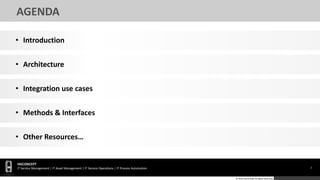 2
HGCONCEPT
IT Service Management | IT Asset Management | IT Service Operations | IT Process Automation
© 2016 HGConcept All Rights Reserved
AGENDA
• Introduction
• Architecture
• Integration use cases
• Methods & Interfaces
• Other Resources…
 
